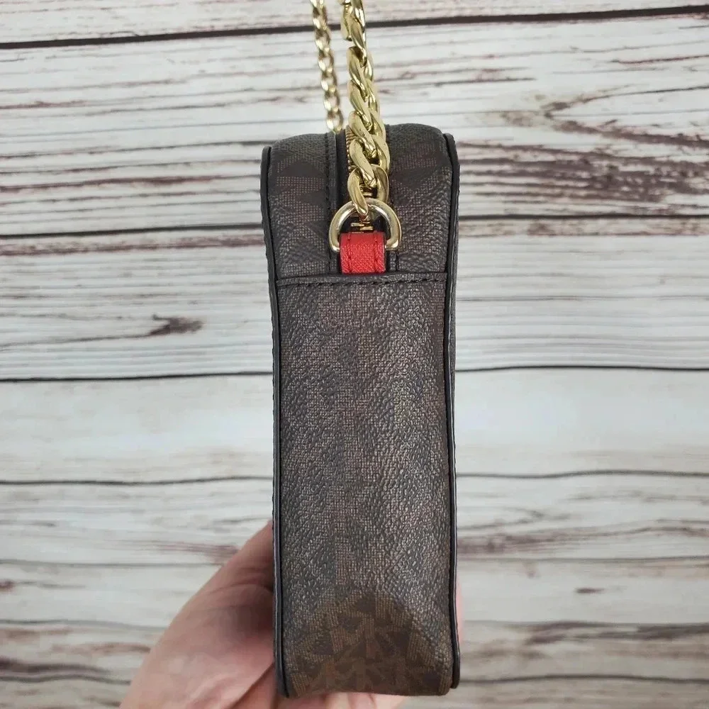 Michael Kors Jet Set East West Signature Brown/Red/Gold Perforated Crossbody Bag
